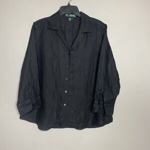 Ralph Lauren Button Up‎ Black Shirt Women's Sz L Petite 100% Linen 3/4 Sleeve